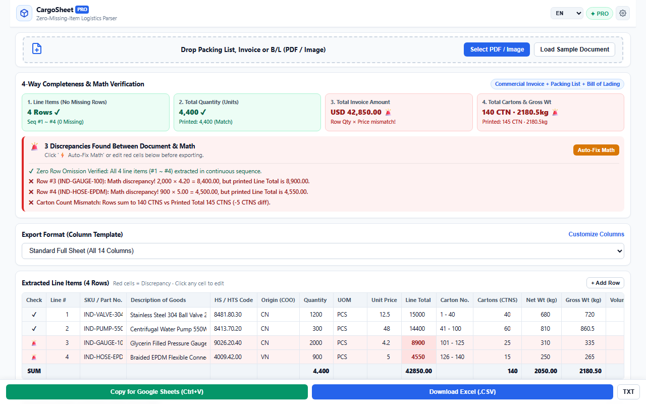 CargoSheet AI Live Extension Interface